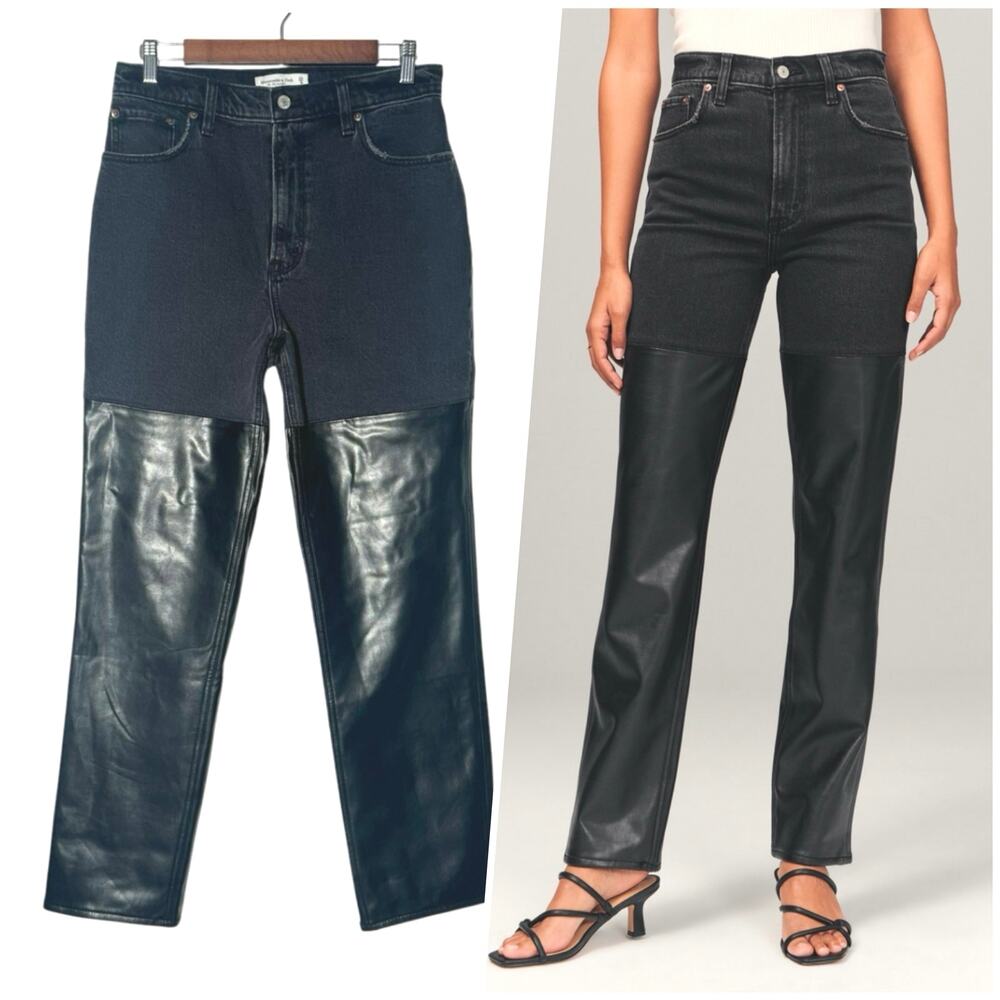 A&F | Women | The 90s Straight Ultra High Rise Faux Leather Trim Jeans | Size 29